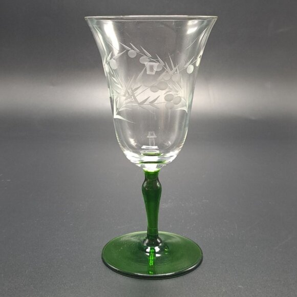 Vintage Clear Etched Glass Wine Goblet With Green Stem - Picture 1 of 14